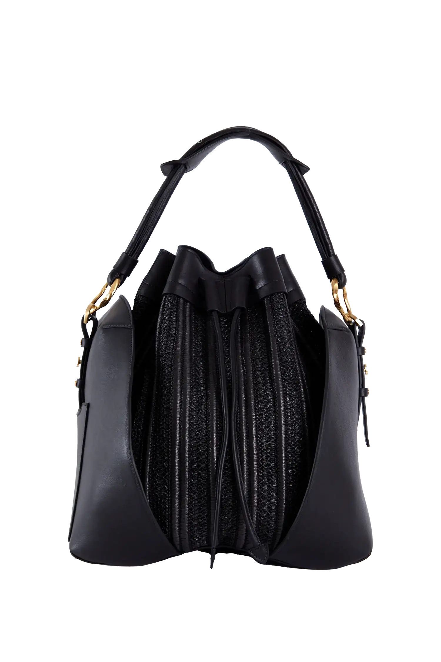 Bolsa preta de couro com alça e detalhes dourados, design sofisticado e funcional para o dia a dia.