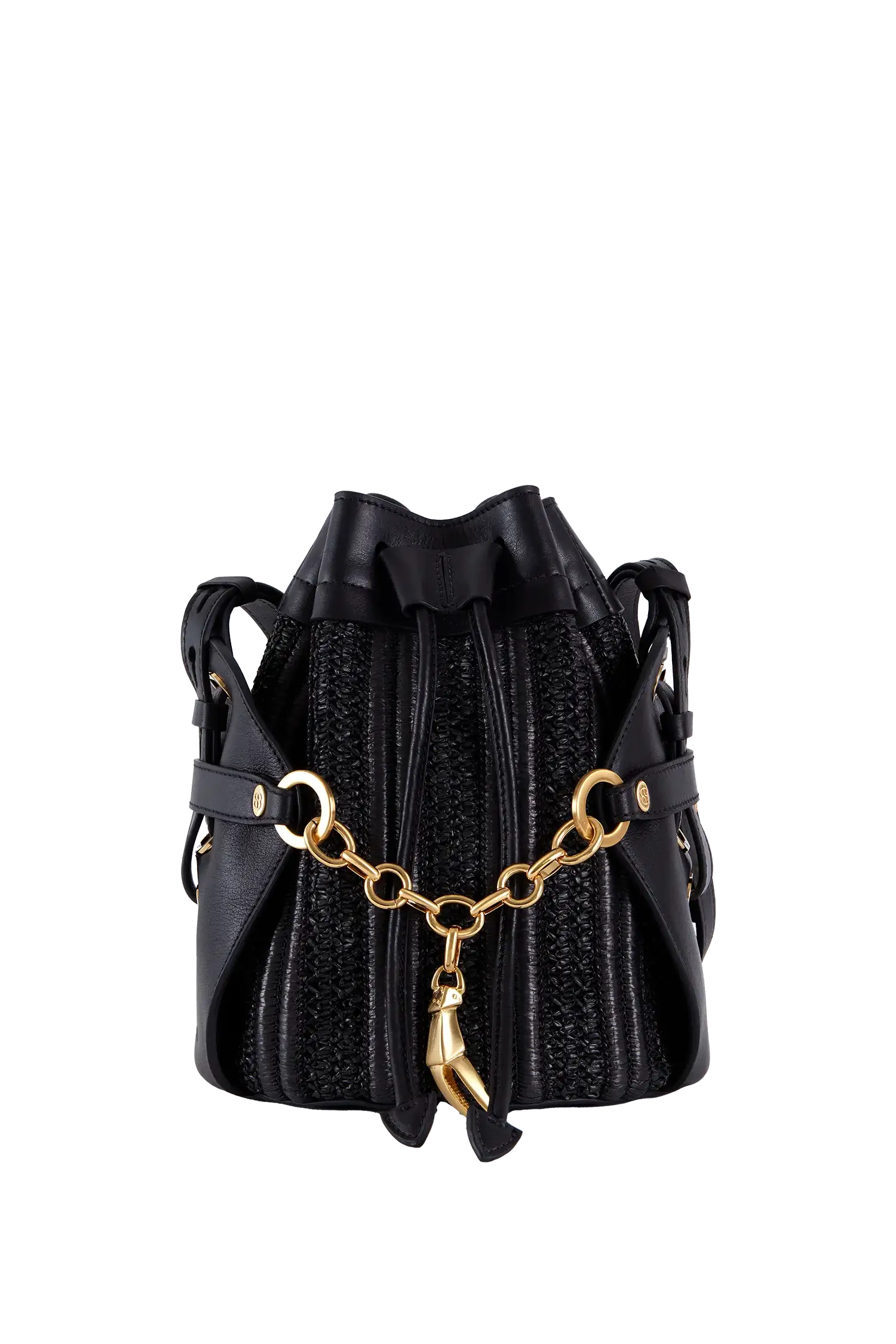 Bolsa preta com textura e corrente dourada, design sofisticado e funcional para uso diário
