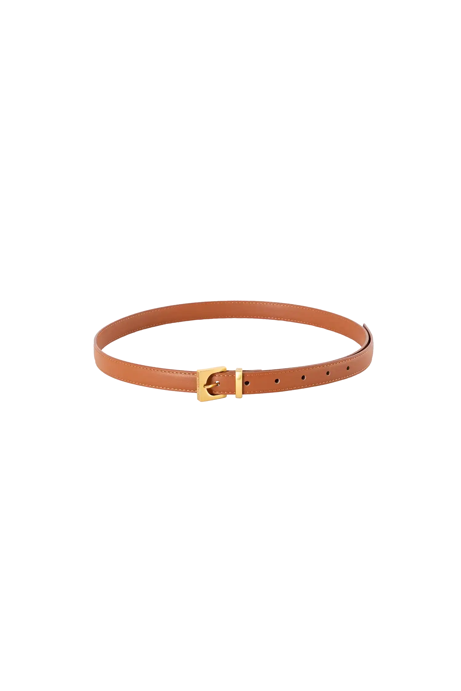 Cinto de couro de 20mm na cor marrom com fivela dourada em formato geométrico e estrutura interna acolchoada com enchimento, design sofisticado e atemporal ideal para ajustar e complementar o visual com elegância.