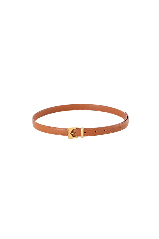 Cinto de couro de 20mm na cor marrom com fivela dourada em formato geométrico e estrutura interna acolchoada com enchimento, detalhes premium e silhueta limpa, uma peça versátil indispensável para o guarda-roupa contemporâneo.