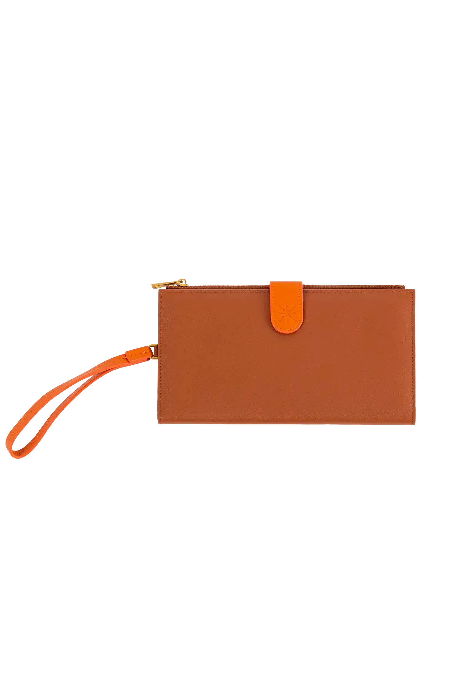 Porta-passaporte em couro legítimo nas cores laranja e marrom com divisórias exatas para passaporte, documentos de viagem e cartões de embarque, acabamento refinado de alta qualidade, perfeito para proteger itens essenciais com sofisticação.